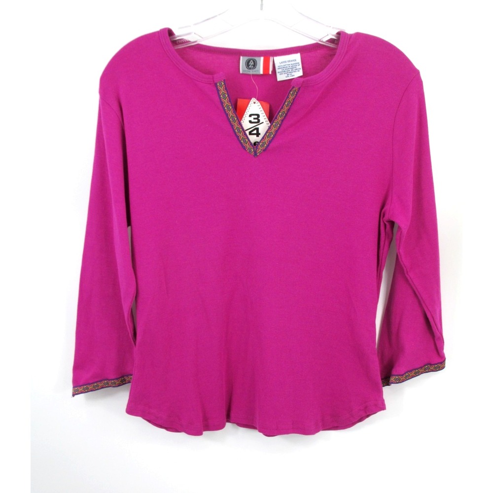 Arizona Pullover Top Womens L Pink Mosaic 3/4 Sleeve Cotton Casual VTG 90s